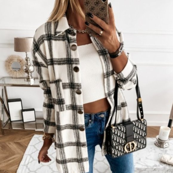 New Plaid Stripe Oversized Flannel Shirt Jacket - Picture 2 of 6